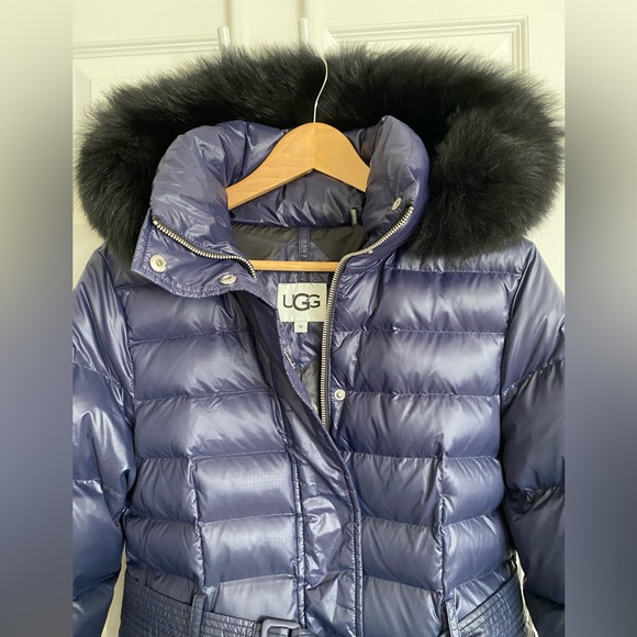 NWT UGG Valerie Navy belted down hooded parka sheep fur collar women’s size M - Picture 8 of 16